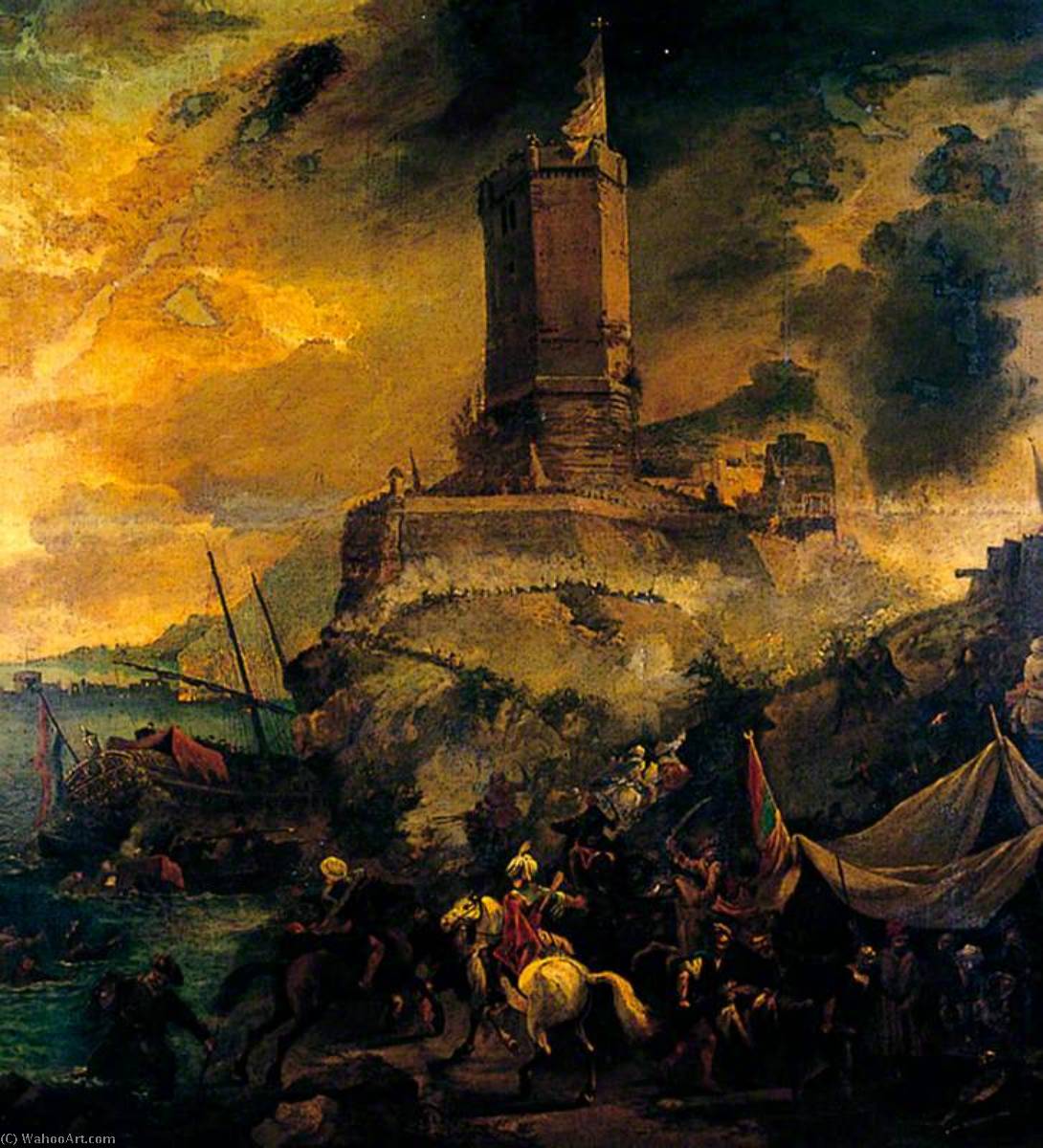 Wikioo.org - The Encyclopedia of Fine Arts - Painting, Artwork by Thomas Wyck - The Wreckers, Stormy Coast Scene with Tower