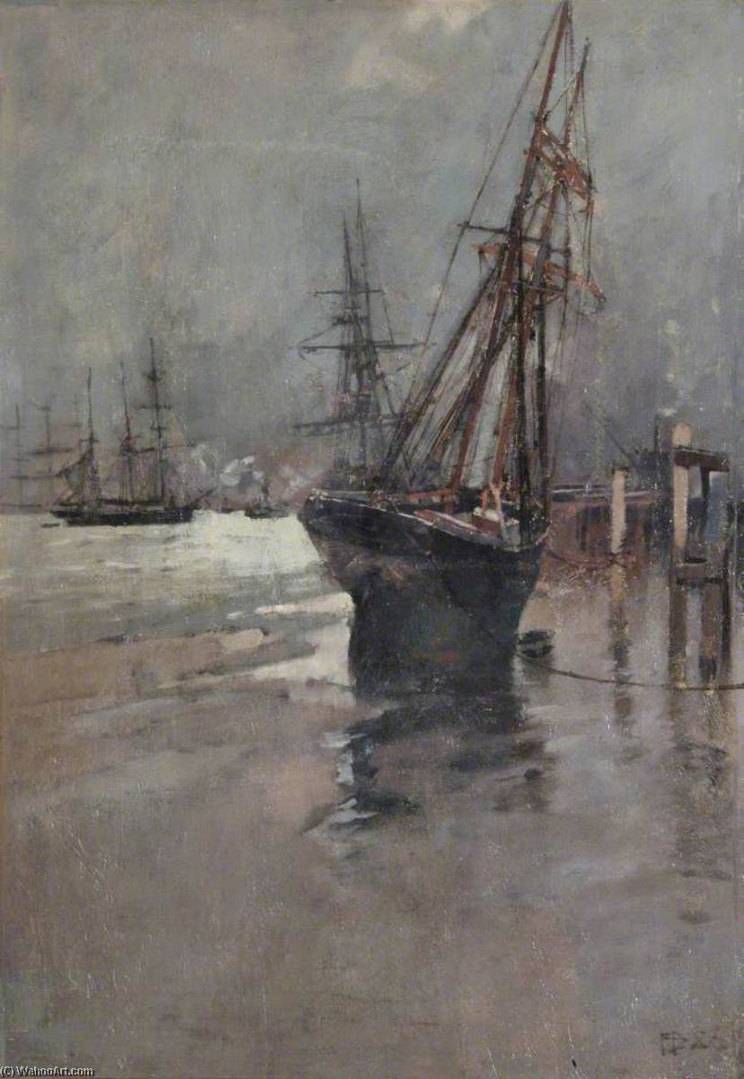 Wikioo.org - The Encyclopedia of Fine Arts - Painting, Artwork by Frank William Brangwyn - A Ship Beached at Low Tide