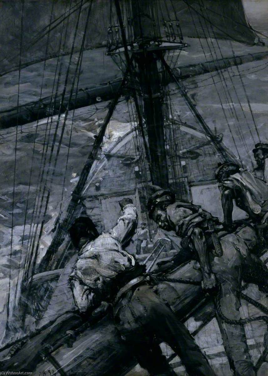 Wikioo.org - The Encyclopedia of Fine Arts - Painting, Artwork by Frank William Brangwyn - Heavy Weather in the Channel Stowing the Mainsail