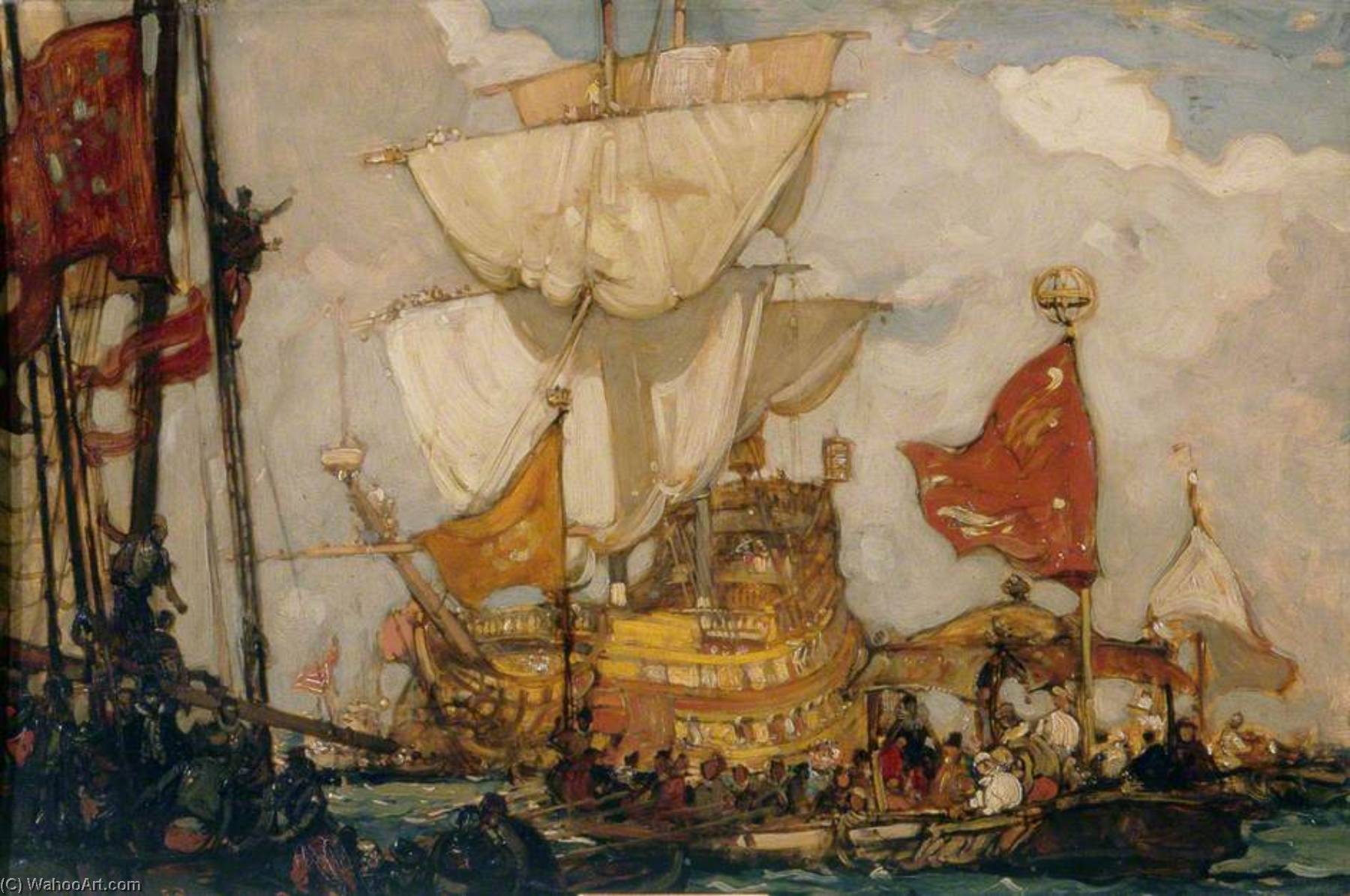 Wikioo.org - The Encyclopedia of Fine Arts - Painting, Artwork by Frank William Brangwyn - Queen Elizabeth Going Aboard the 'Golden Hind' at Deptford