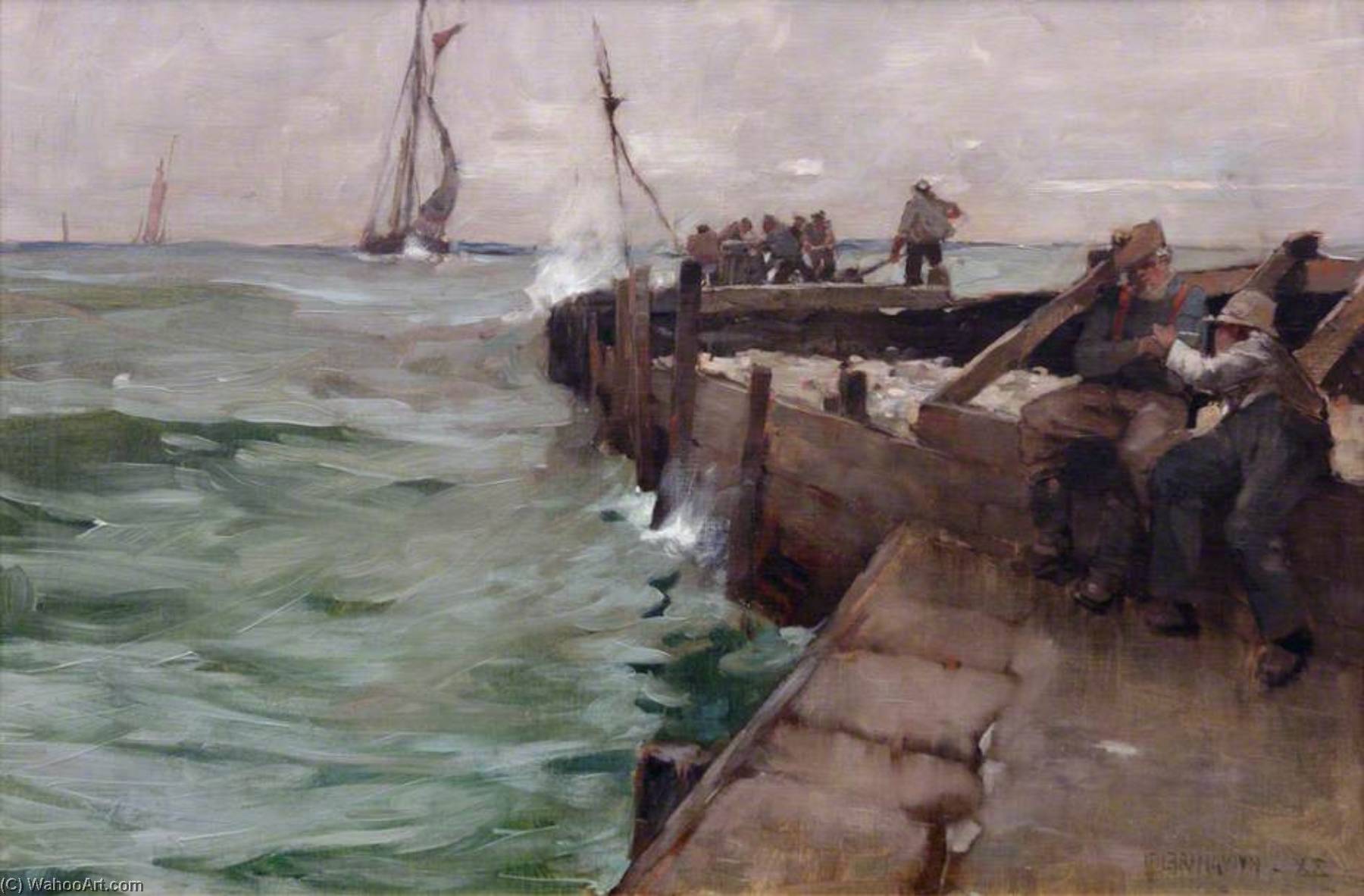 Wikioo.org - The Encyclopedia of Fine Arts - Painting, Artwork by Frank William Brangwyn - Constructing South Pier, Mevagissey