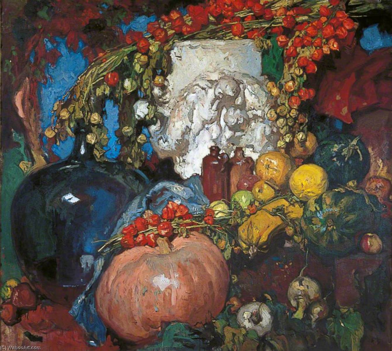 Wikioo.org - The Encyclopedia of Fine Arts - Painting, Artwork by Frank William Brangwyn - Still Life Fruit and Flagons