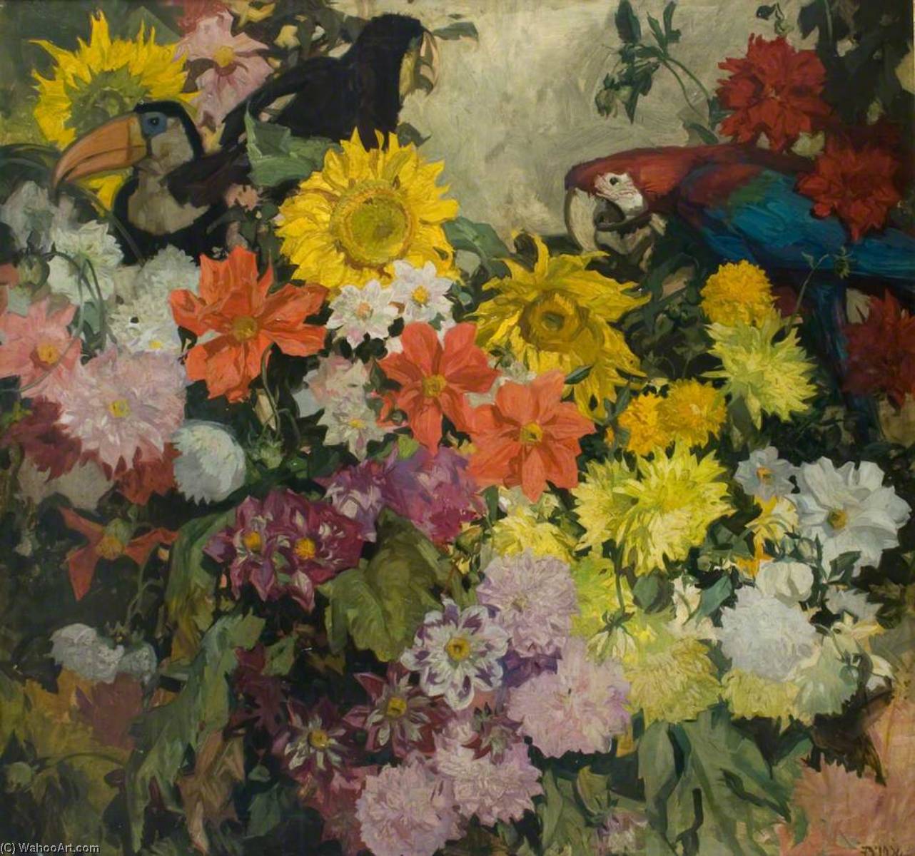 Wikioo.org - The Encyclopedia of Fine Arts - Painting, Artwork by Frank William Brangwyn - Flowers and Birds 'Dahlias'