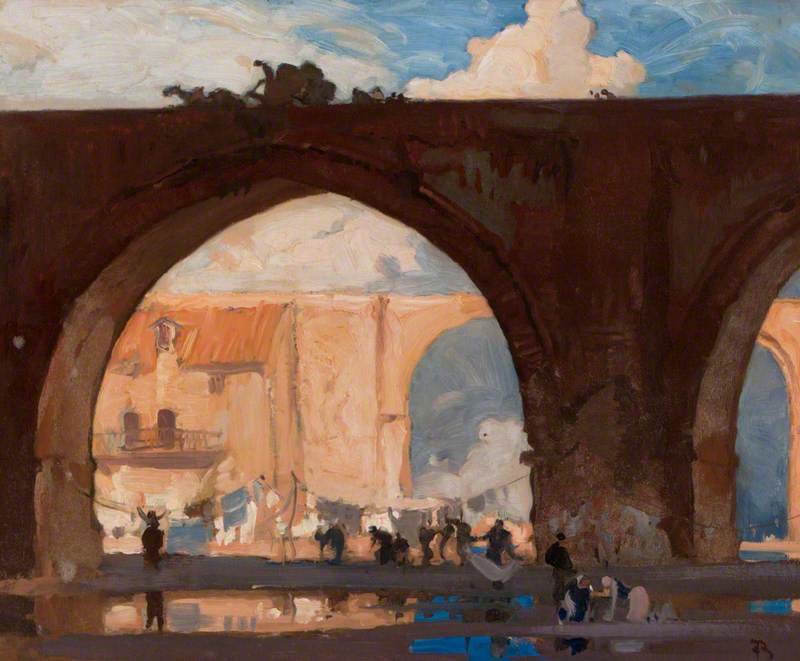 Wikioo.org - The Encyclopedia of Fine Arts - Painting, Artwork by Frank William Brangwyn - Two Bridges, Perugia (The Viaduct)