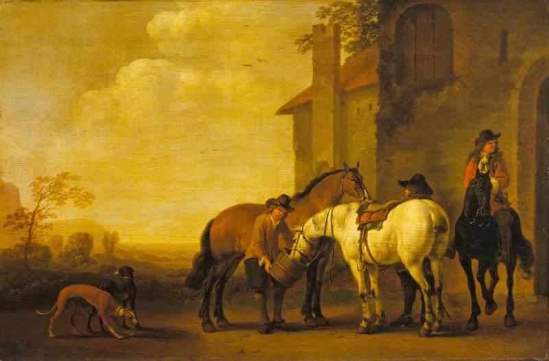 Wikioo.org - The Encyclopedia of Fine Arts - Painting, Artwork by Abraham Pietersz Van Calraet - Halt at an Inn
