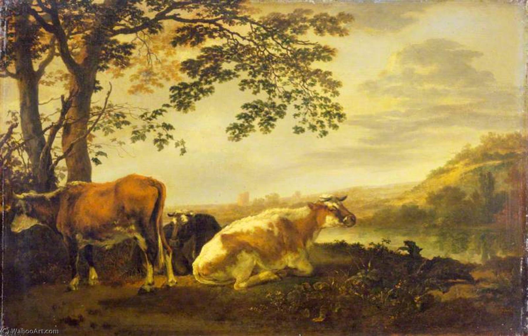Wikioo.org - The Encyclopedia of Fine Arts - Painting, Artwork by Abraham Pietersz Van Calraet - Cattle on a River Bank