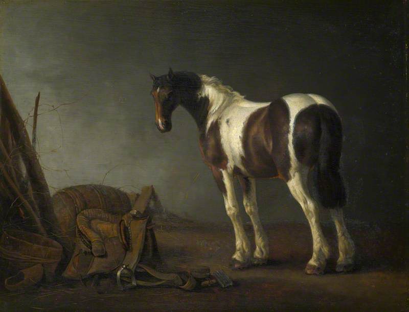 Wikioo.org - The Encyclopedia of Fine Arts - Painting, Artwork by Abraham Pietersz Van Calraet - A Brown and White Skewbald Horse with a Saddle beside it