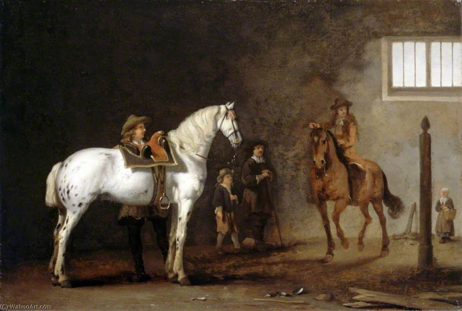 Wikioo.org - Die Enzyklopädie bildender Kunst - Malerei, Kunstwerk von Abraham Pietersz Van Calraet - weißes pferd an  Ein  reiten  schule