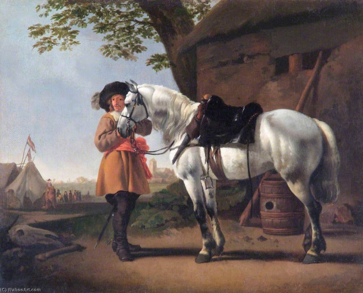 Wikioo.org – La Enciclopedia de las Bellas Artes - Pintura, Obras de arte de Abraham Pietersz Van Calraet - Un caballero  enestado  Un  Gris  caballo