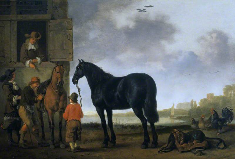 Wikioo.org - The Encyclopedia of Fine Arts - Painting, Artwork by Abraham Pietersz Van Calraet - Saddling Horses