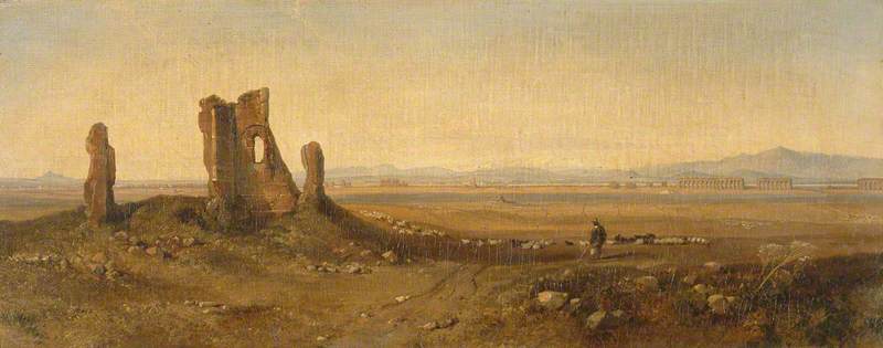 Wikioo.org - The Encyclopedia of Fine Arts - Painting, Artwork by Edward Lear - View in the Campagna, Rome (with Ruins)
