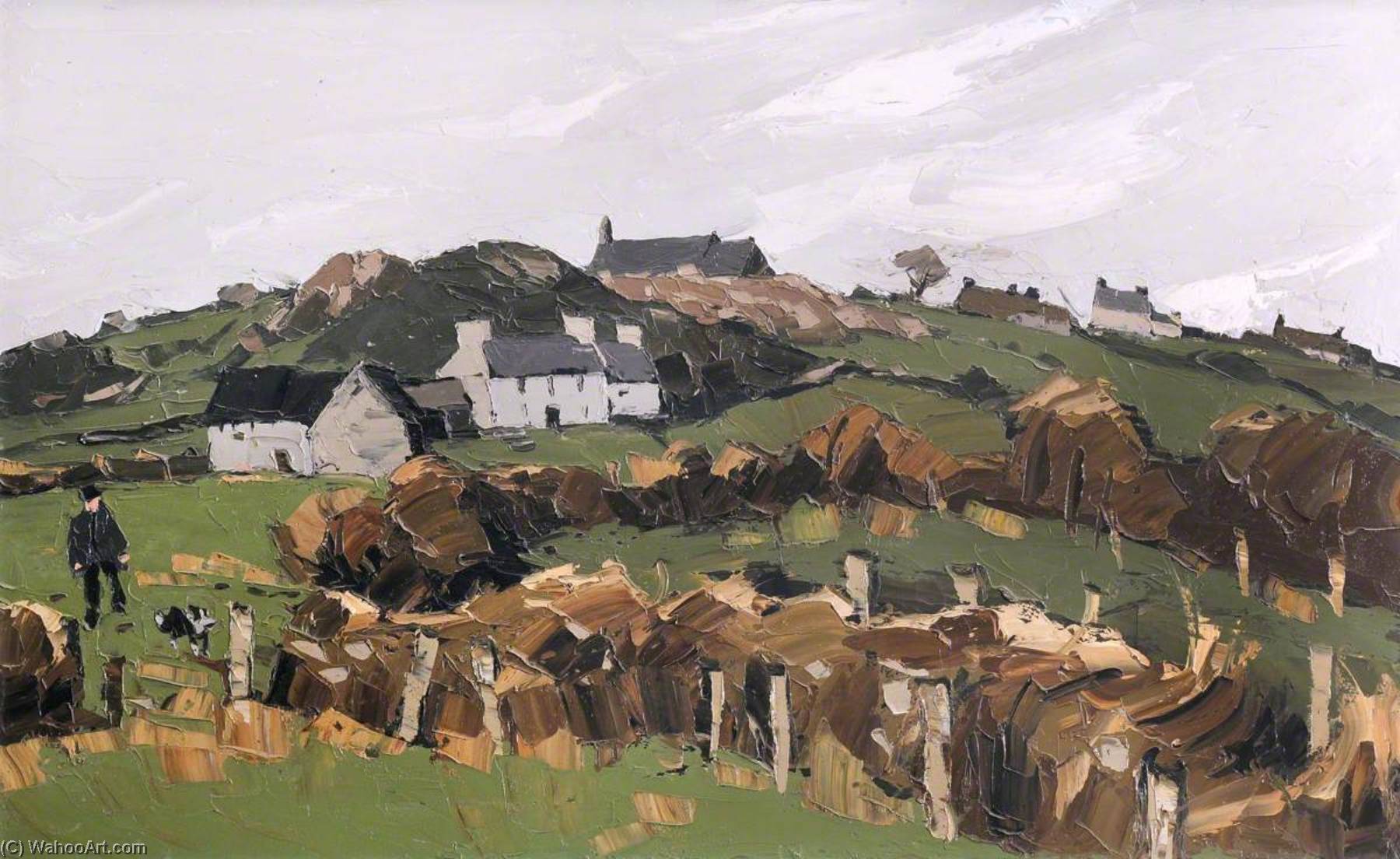 Wikioo.org - The Encyclopedia of Fine Arts - Painting, Artwork by John Kyffin Williams - Hillside with Sheep Farmer and Dog