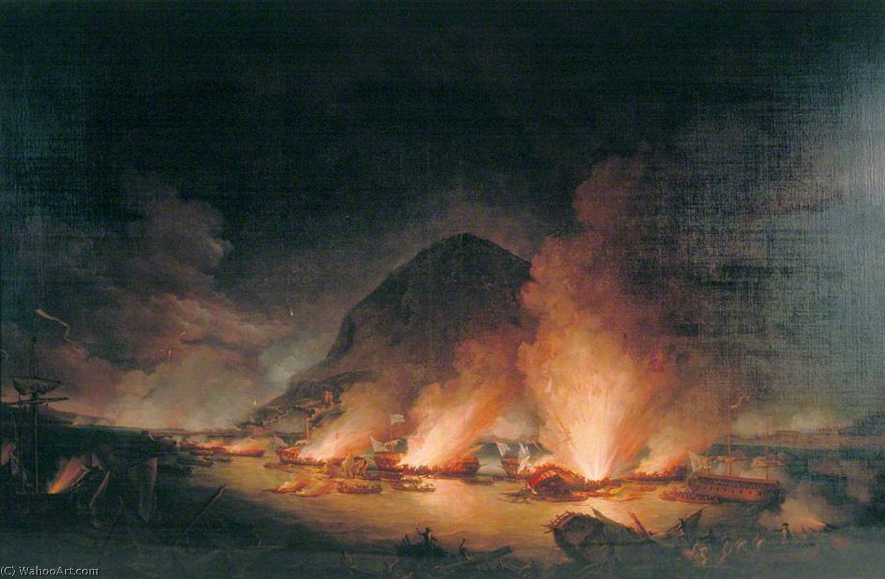 Wikioo.org - สารานุกรมวิจิตรศิลป์ - จิตรกรรม Richard Paton - The Defence of Gibraltar on the Night of 13 September 1782, with the Spanish Gunboats Ablaze
