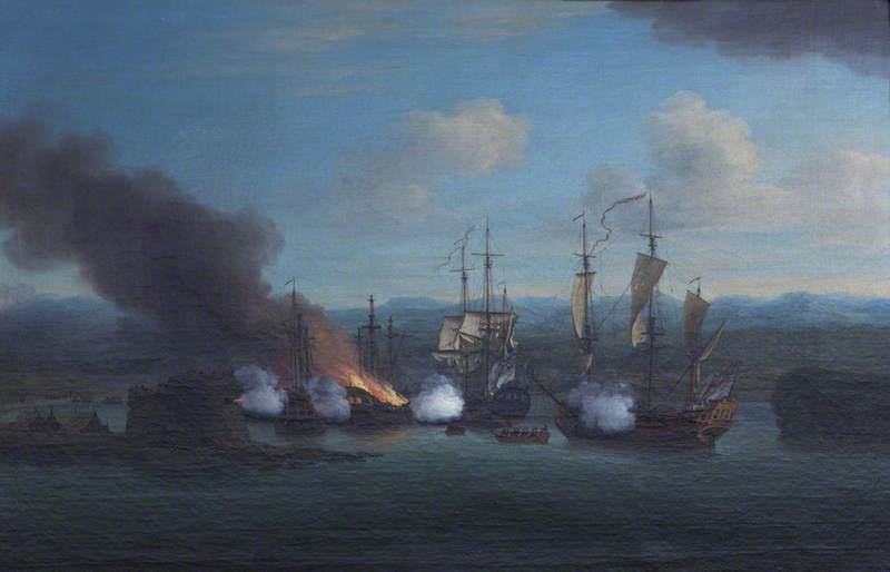 Wikioo.org - The Encyclopedia of Fine Arts - Painting, Artwork by Richard Paton - The Destruction of Two Sallee Rovers by the 'Rose' and the 'Shoreham' in Mogador Bay, 1734