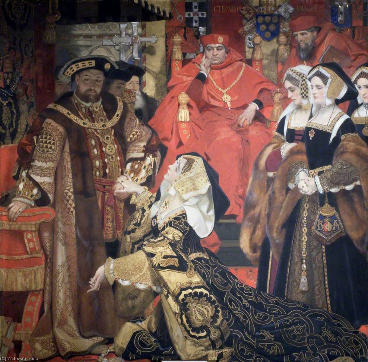 Wikioo.org - The Encyclopedia of Fine Arts - Painting, Artwork by Frank O Salisbury - Henry VIII and Catherine of Aragon before Papal Legates at Blackfriars, 1529