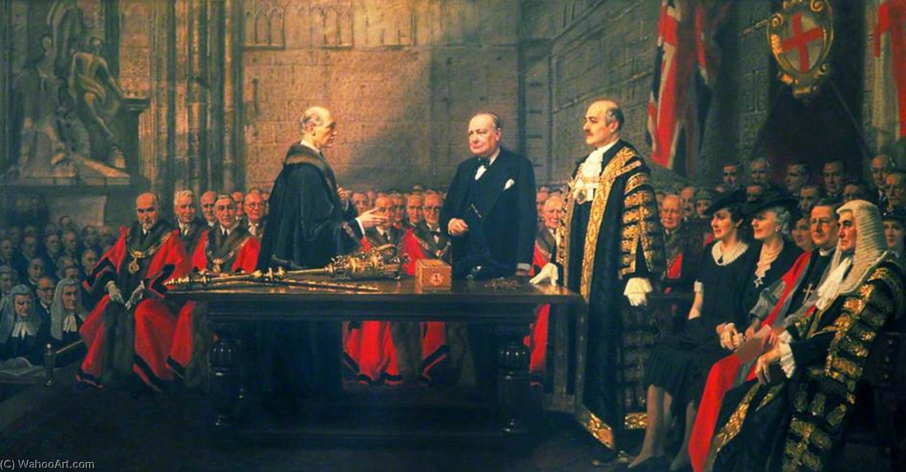 Wikioo.org - The Encyclopedia of Fine Arts - Painting, Artwork by Frank O Salisbury - The Presentation of the Freedom of the City to Winston Churchill in the Guildhall, London, 30 June 1943