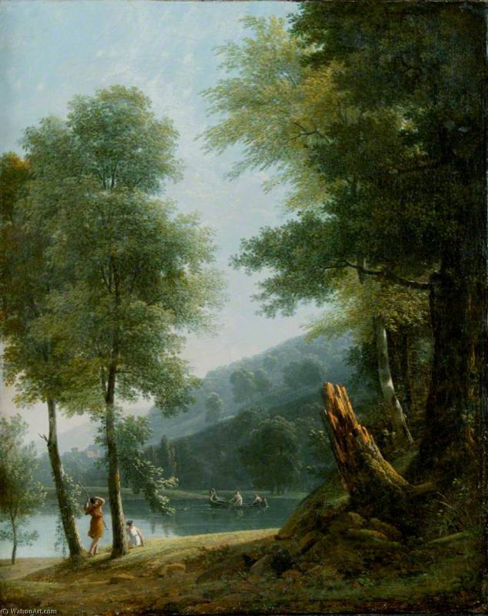 Wikioo.org - The Encyclopedia of Fine Arts - Painting, Artwork by Jean Victor Bertin - Landscape with Classical Figures on and beside a Lake