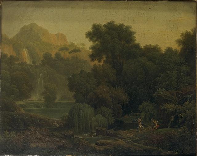 Wikioo.org - The Encyclopedia of Fine Arts - Painting, Artwork by Jean Victor Bertin - Paysage à la cascade avec faunes dansants