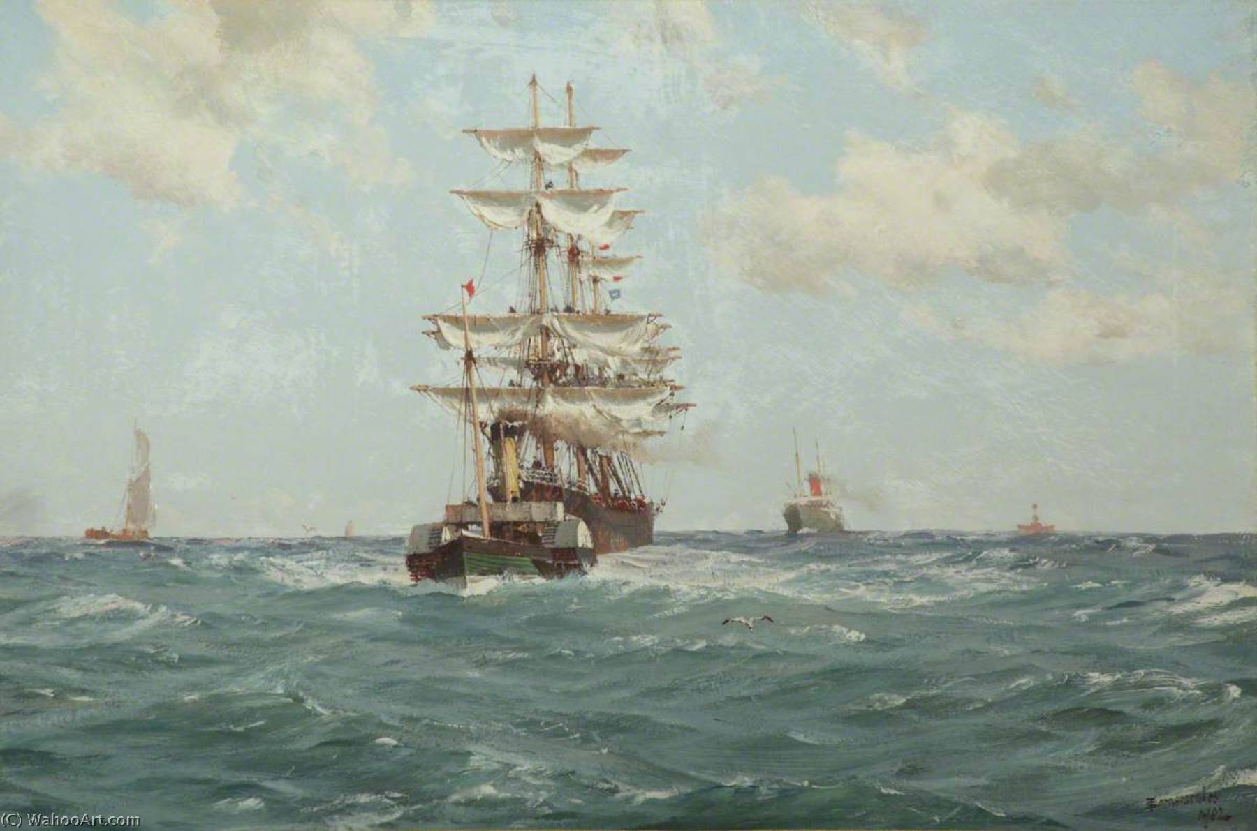 Wikioo.org - The Encyclopedia of Fine Arts - Painting, Artwork by Thomas Jacques Somerscales - Paddle Tug Towing a Full Rigged Ship