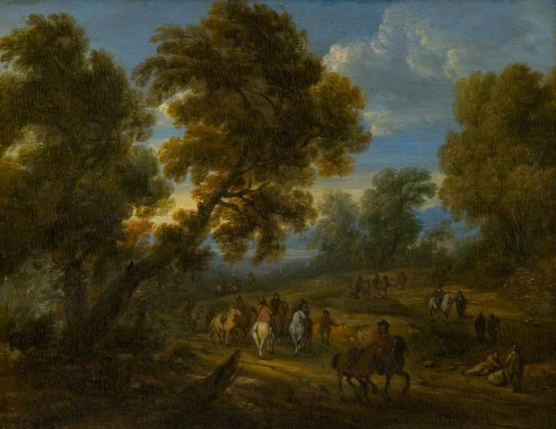 Wikioo.org - The Encyclopedia of Fine Arts - Painting, Artwork by Adam Frans Van Der Meulen - Wooded Landscape with Horsemen on a Road