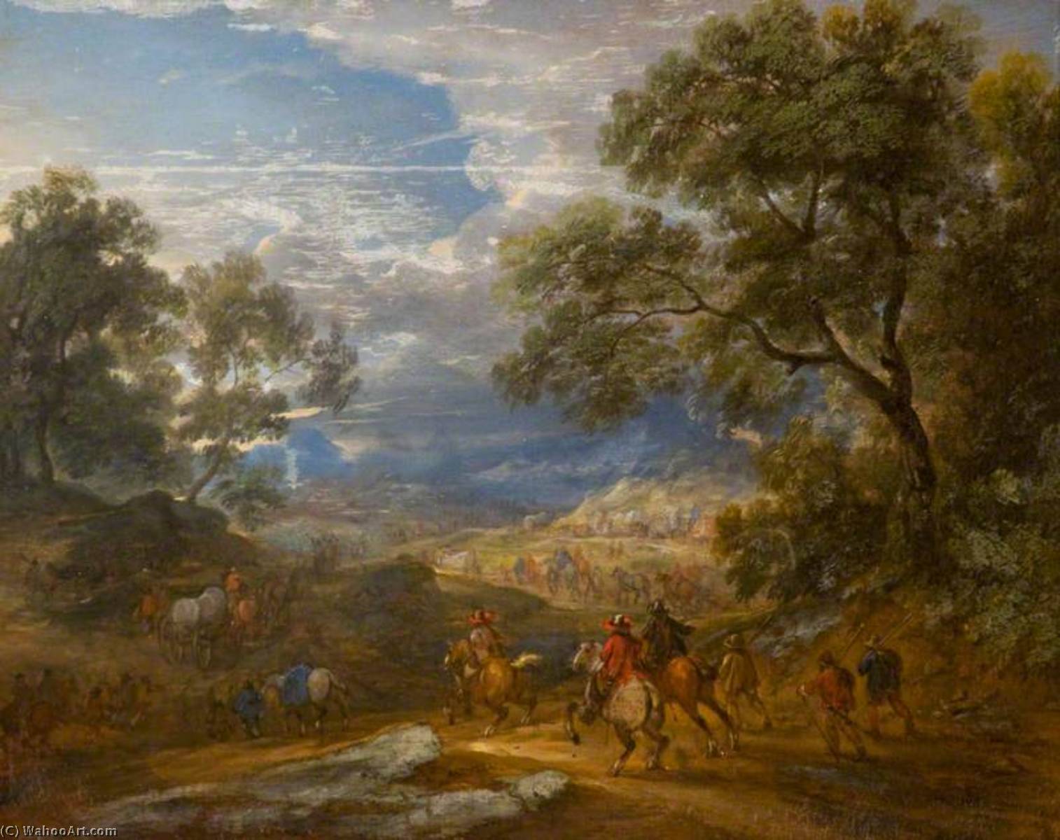 Wikioo.org - The Encyclopedia of Fine Arts - Painting, Artwork by Adam Frans Van Der Meulen - Wooded Landscape with Horsemen and a Baggage Train on a Road