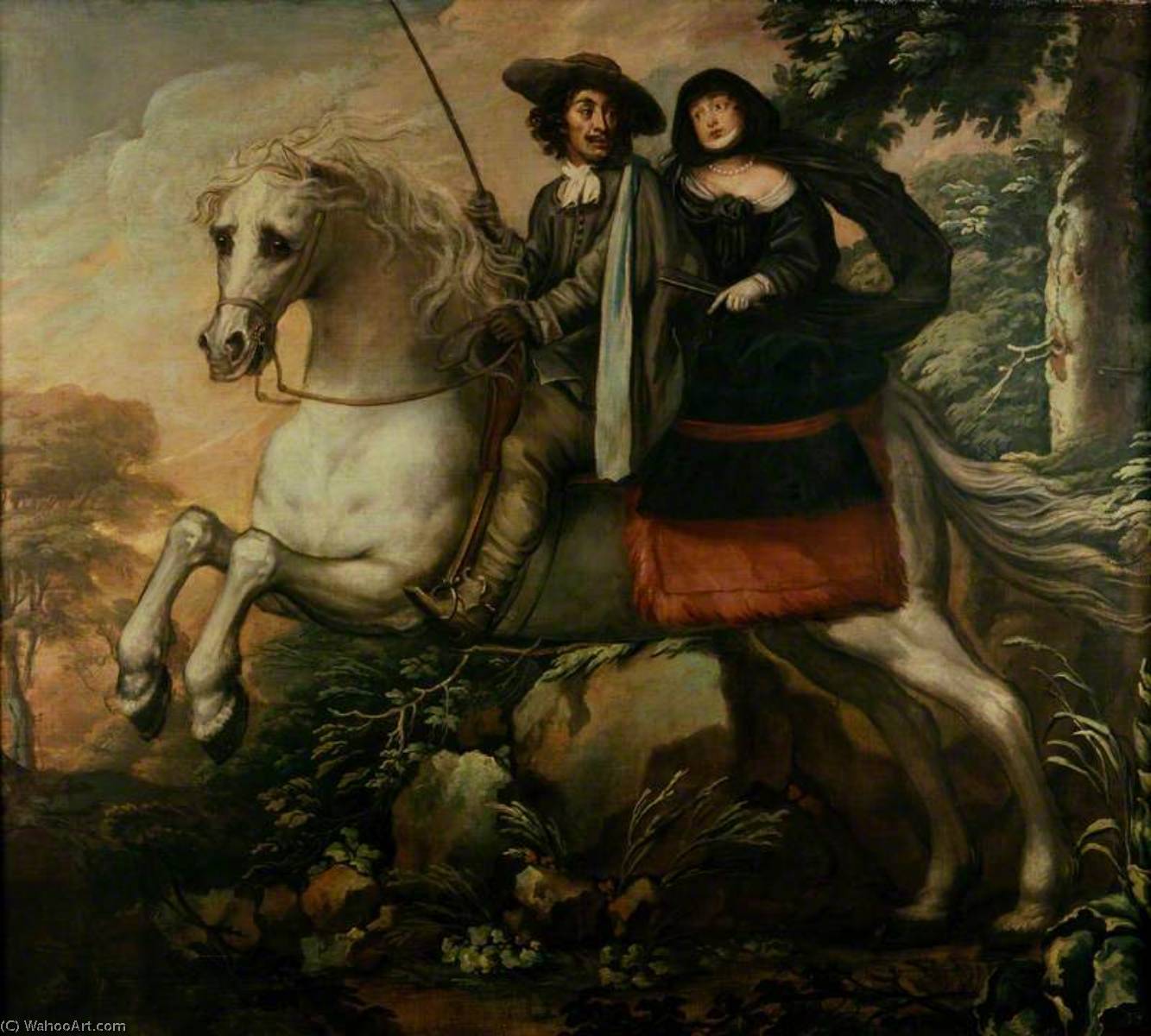 Wikioo.org - สารานุกรมวิจิตรศิลป์ - จิตรกรรม Isaac Fuller - King Charles II and Jane Lane riding to Bristol