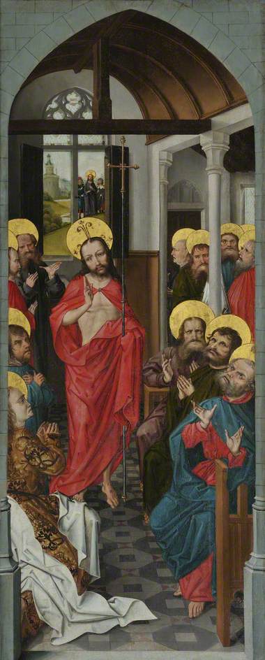 WikiOO.org - Encyclopedia of Fine Arts - Schilderen, Artwork Master Of The View Of Saint Gudule - Christ Appearing to the Apostles, with the Pilgrims at Emmaus