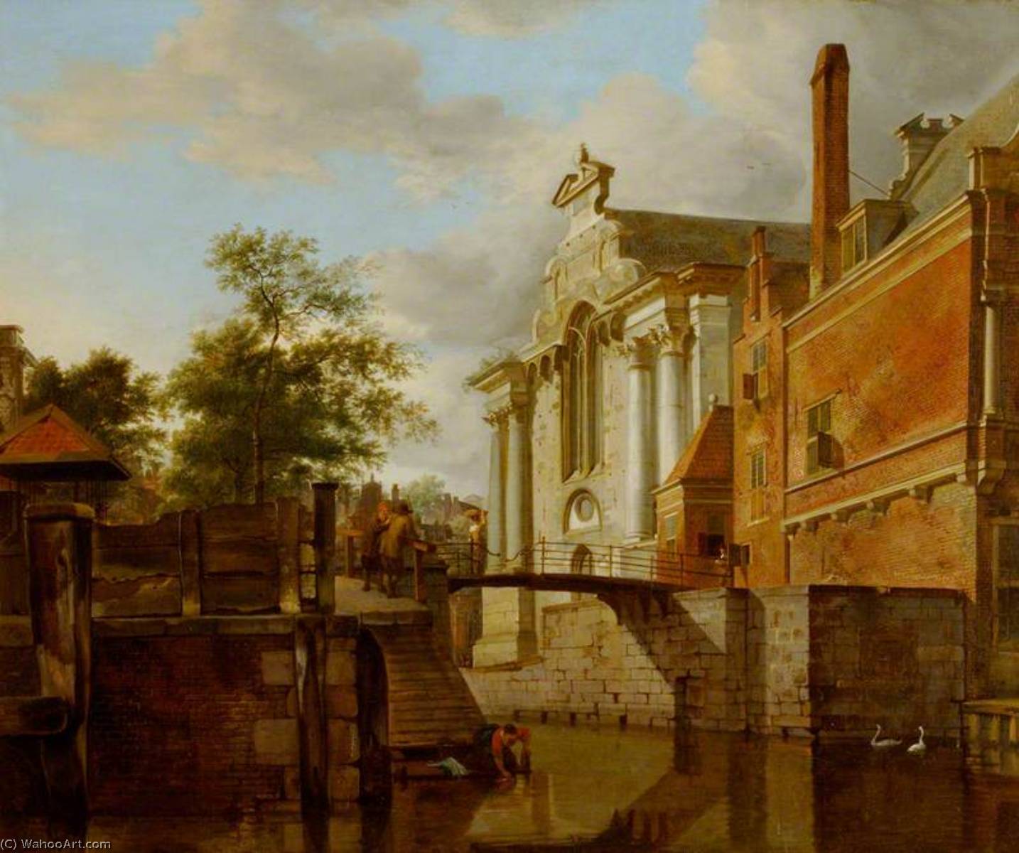 Wikioo.org - The Encyclopedia of Fine Arts - Painting, Artwork by Jan Van Der Heyden - A Canal Junction, near a Church
