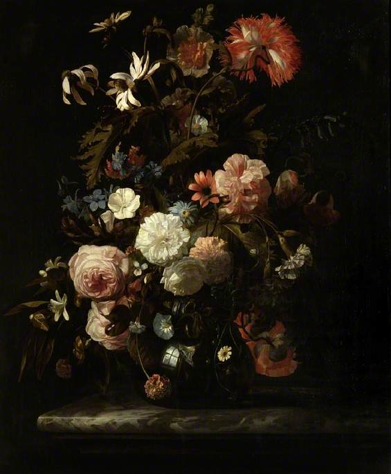 Wikioo.org - The Encyclopedia of Fine Arts - Painting, Artwork by Simon Pietersz Verelst - Glass Vase of Mixed Flowers on a Marble Ledge