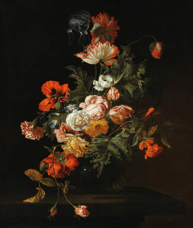 Wikioo.org - The Encyclopedia of Fine Arts - Painting, Artwork by Simon Pietersz Verelst - Still Life of Roses and Other Flowers in a Glass Bowl on a Stone Ledge