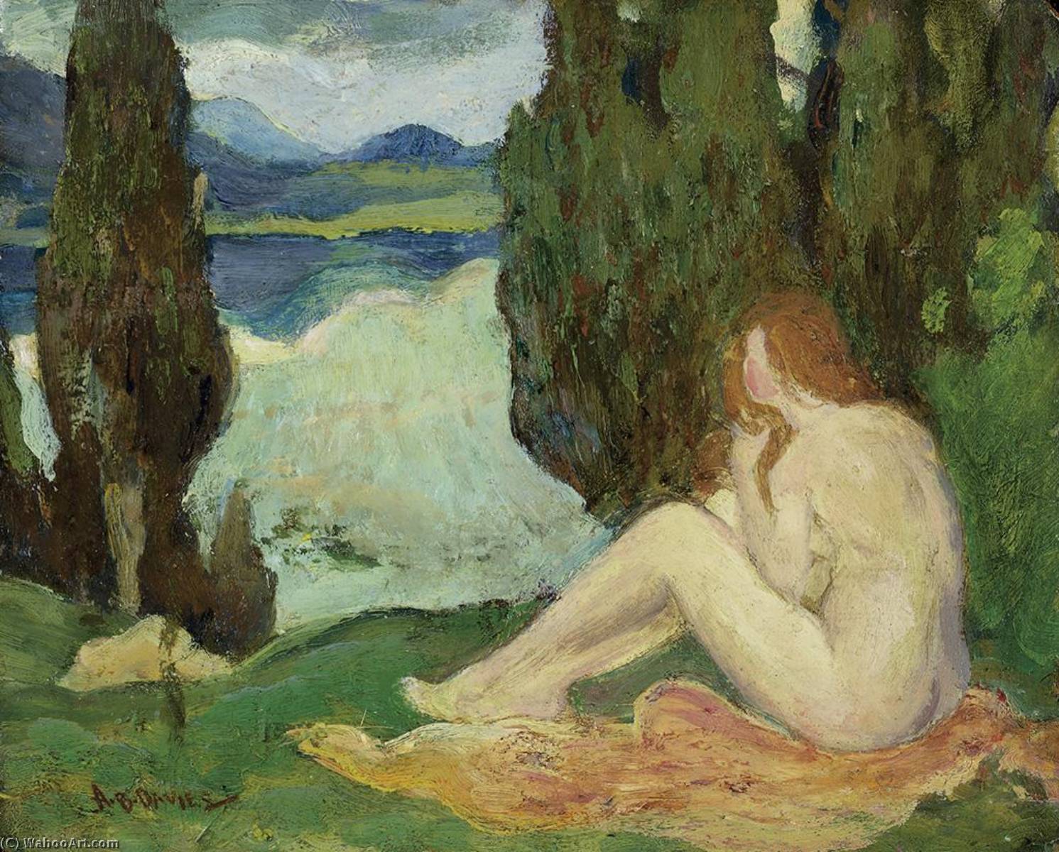 WikiOO.org - Enciklopedija dailės - Tapyba, meno kuriniai Arthur Bowen Davies - Landscape with a Seated Female Nude