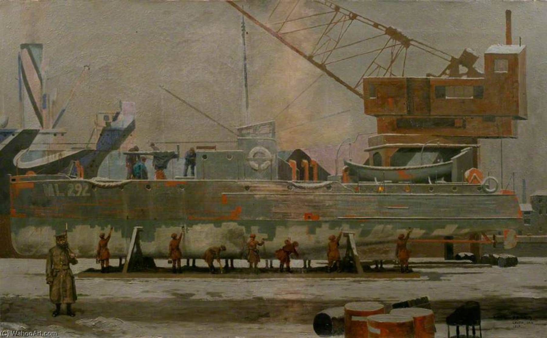 Wikioo.org - The Encyclopedia of Fine Arts - Painting, Artwork by Charles Pears - Women Putting Anti Fouling Paint on the Bottom of a Motor Launch, Leith