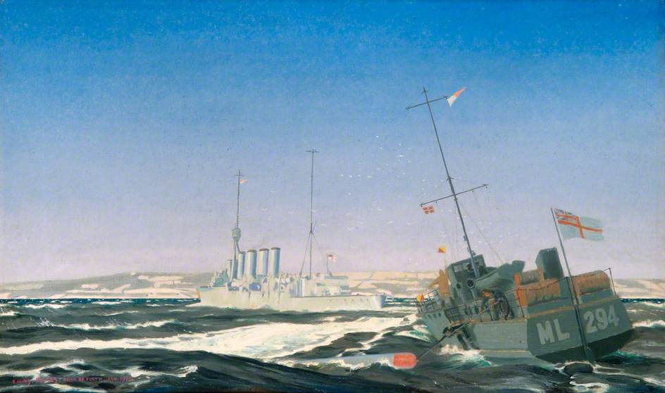 Wikioo.org - The Encyclopedia of Fine Arts - Painting, Artwork by Charles Pears - A Motor Launch Recovering a Torpedo HMS 'Yarmouth' at Practice, January 1918