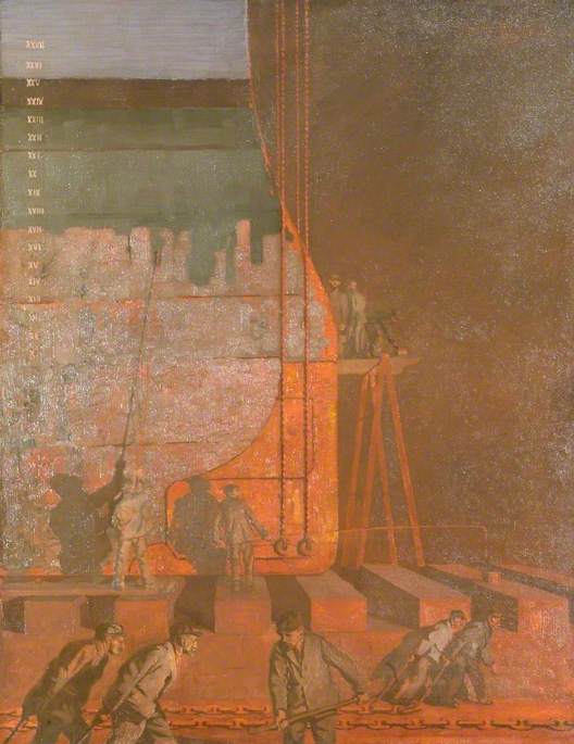 Wikioo.org - The Encyclopedia of Fine Arts - Painting, Artwork by Charles Pears - At Work on a Battleship at Rosyth Testing Cables at Night by the Light of a Flare Lamp