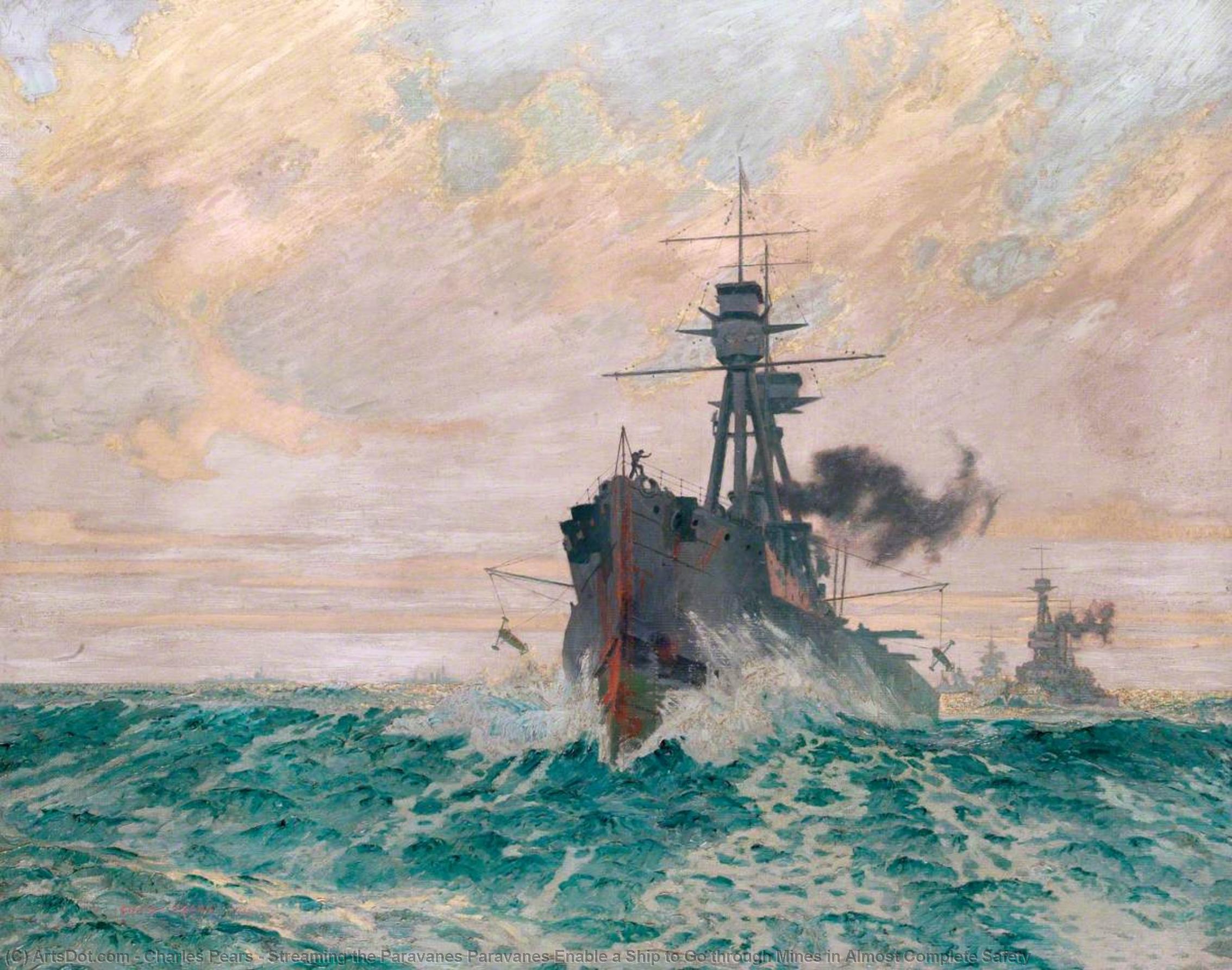 Wikioo.org - The Encyclopedia of Fine Arts - Painting, Artwork by Charles Pears - Streaming the Paravanes Paravanes Enable a Ship to Go through Mines in Almost Complete Safety