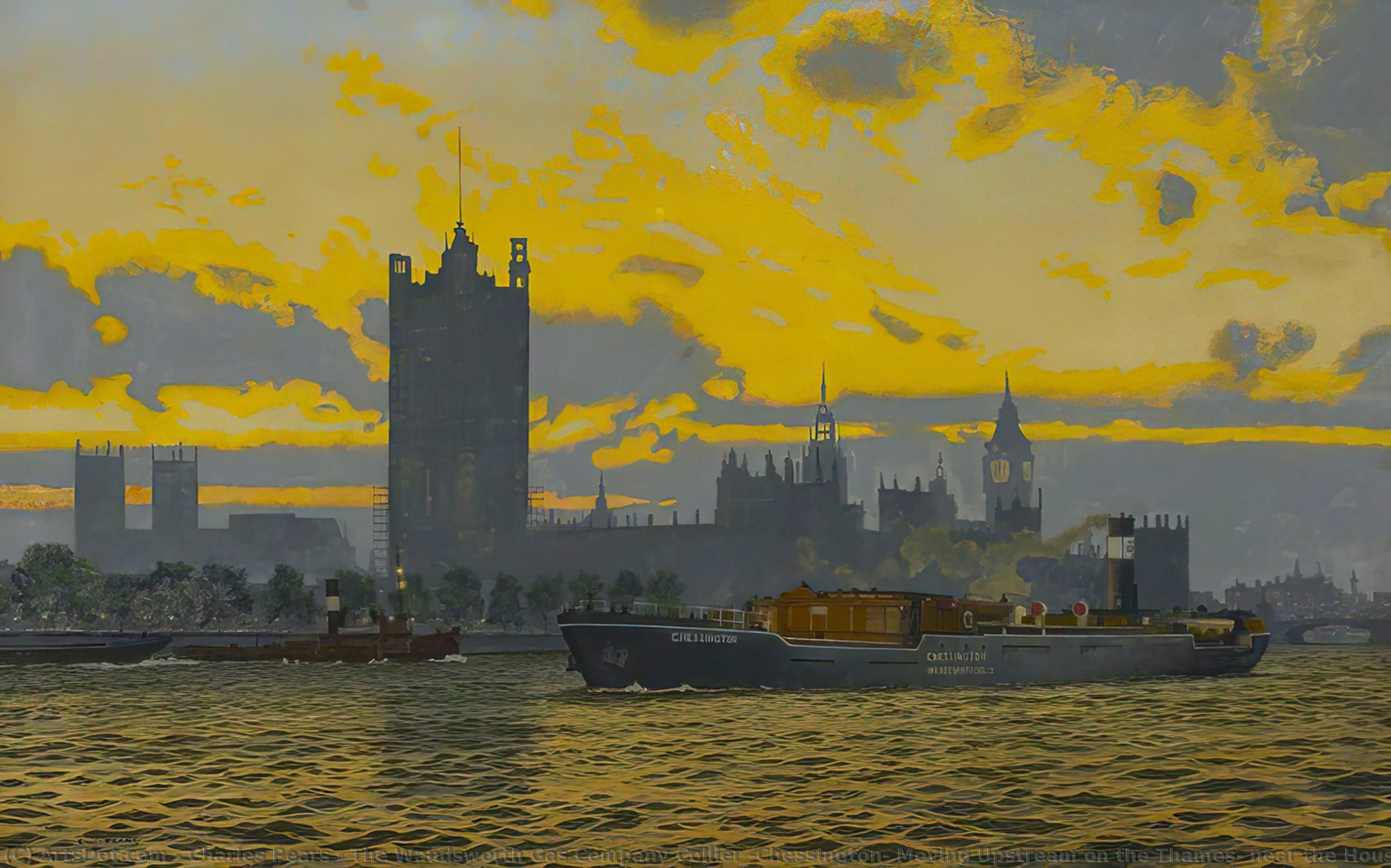 Wikioo.org - The Encyclopedia of Fine Arts - Painting, Artwork by Charles Pears - The Wandsworth Gas Company Collier 'Chessington' Moving Upstream on the Thames, near the Houses of Parliament, c.1948