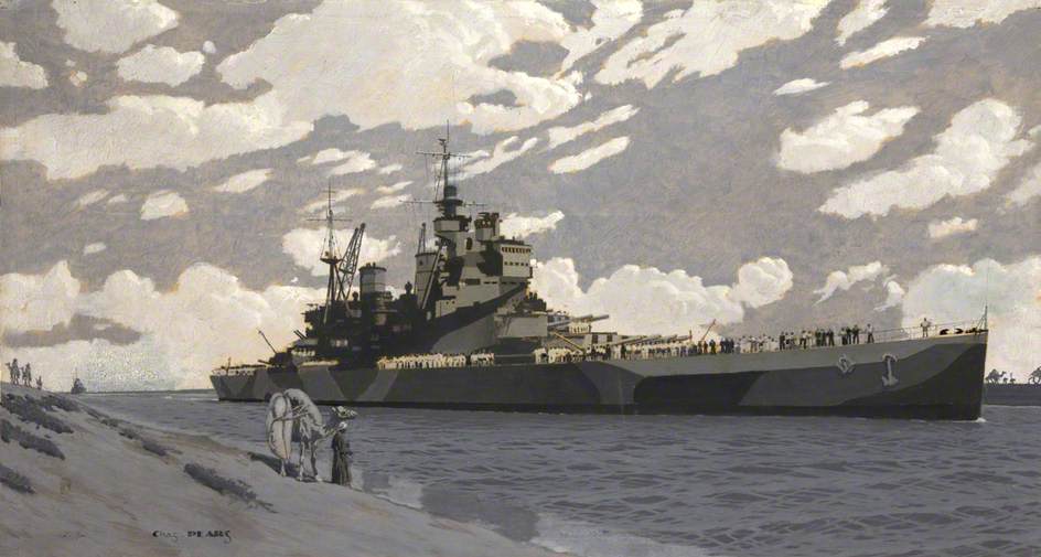 Wikioo.org - The Encyclopedia of Fine Arts - Painting, Artwork by Charles Pears - Battleship in Suez Canal, HMS 'Howe'