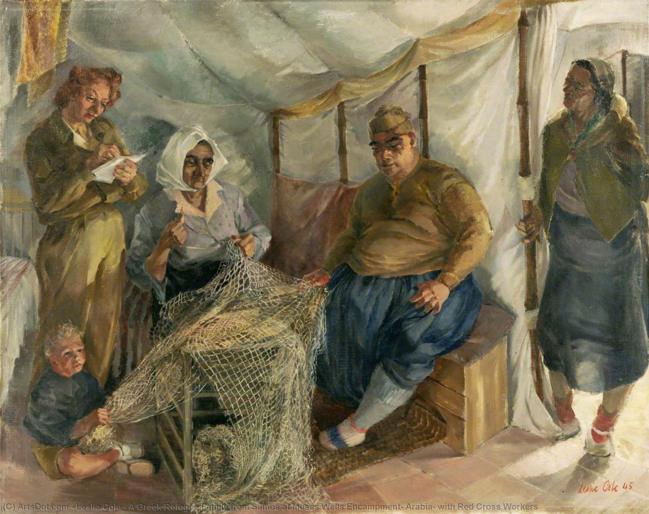 Wikioo.org - The Encyclopedia of Fine Arts - Painting, Artwork by Leslie Cole - A Greek Refugee Family from Samos at Moses Wells Encampment, Arabia, with Red Cross Workers