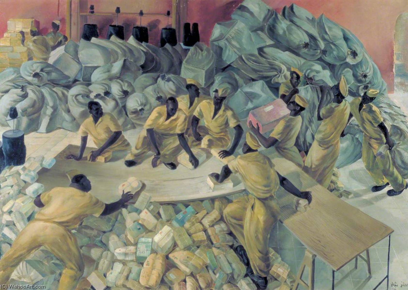 Wikioo.org - The Encyclopedia of Fine Arts - Painting, Artwork by Leslie Cole - Malta Convoy Basutos Deal with the Overflow Mail on the Causeway, the Palace, Valletta