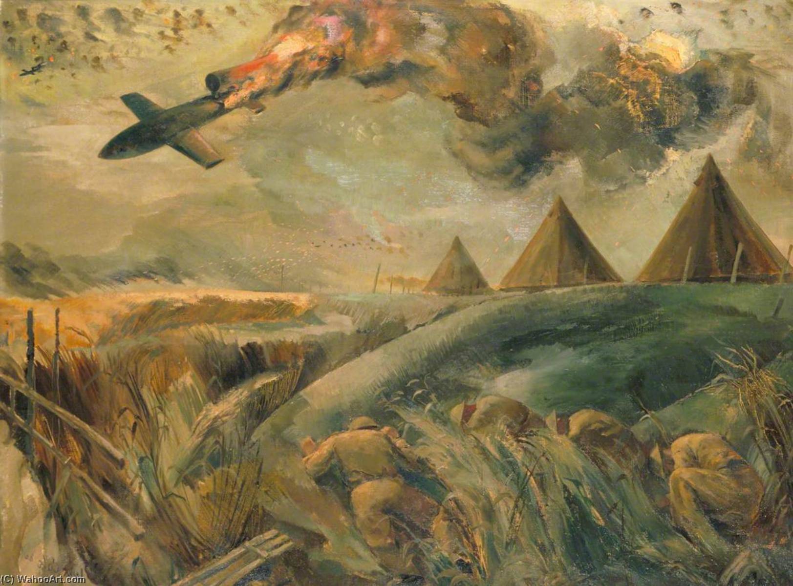 Wikioo.org - The Encyclopedia of Fine Arts - Painting, Artwork by Leslie Cole - Battle of London Royal Marine Anti Aircraft Gunners Bring down a Flying Bomb