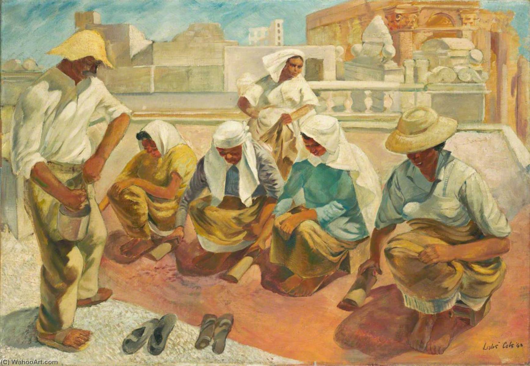 Wikioo.org - The Encyclopedia of Fine Arts - Painting, Artwork by Leslie Cole - Diffone Workers Mending the Roof of the Officers' Mess, Floriana