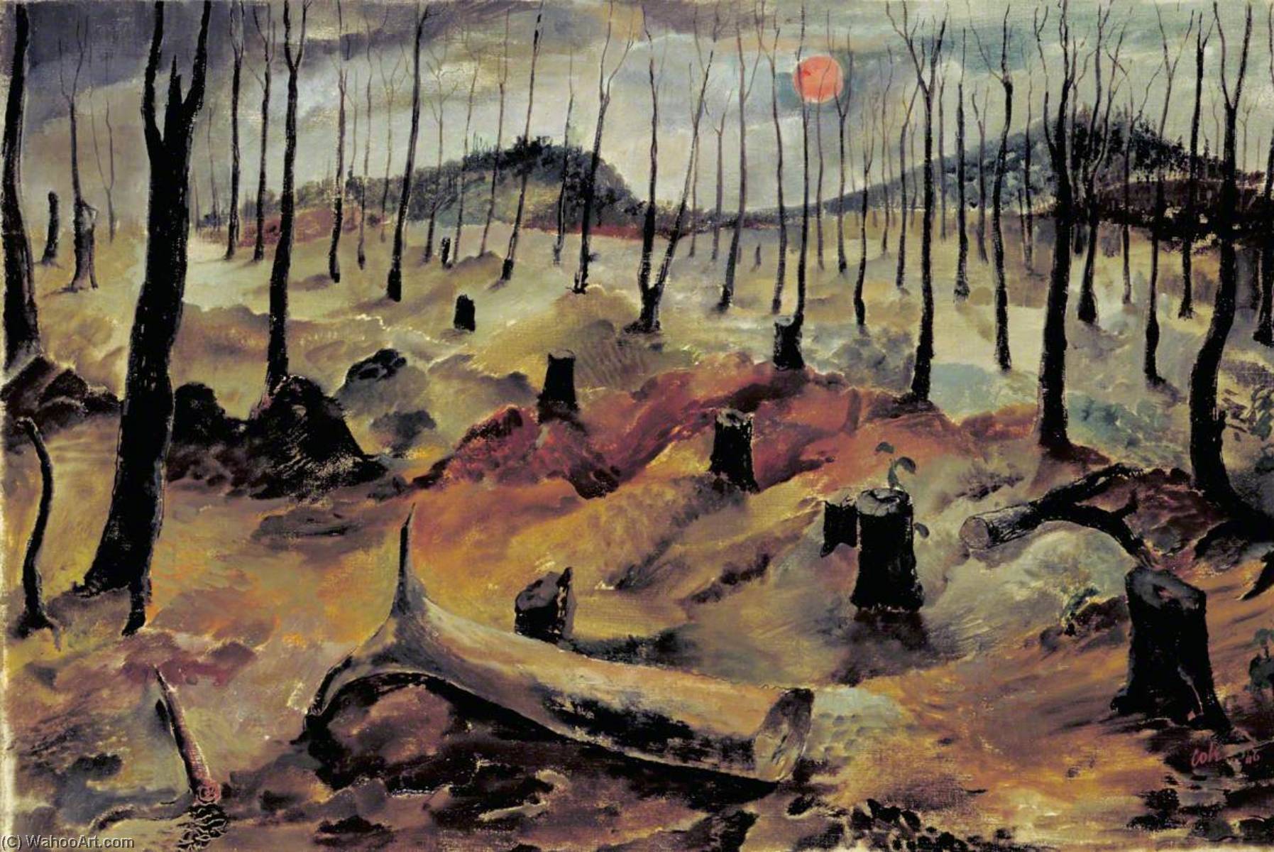 Wikioo.org - The Encyclopedia of Fine Arts - Painting, Artwork by Leslie Cole - Scorched Earth Devastated Rubber Plantations