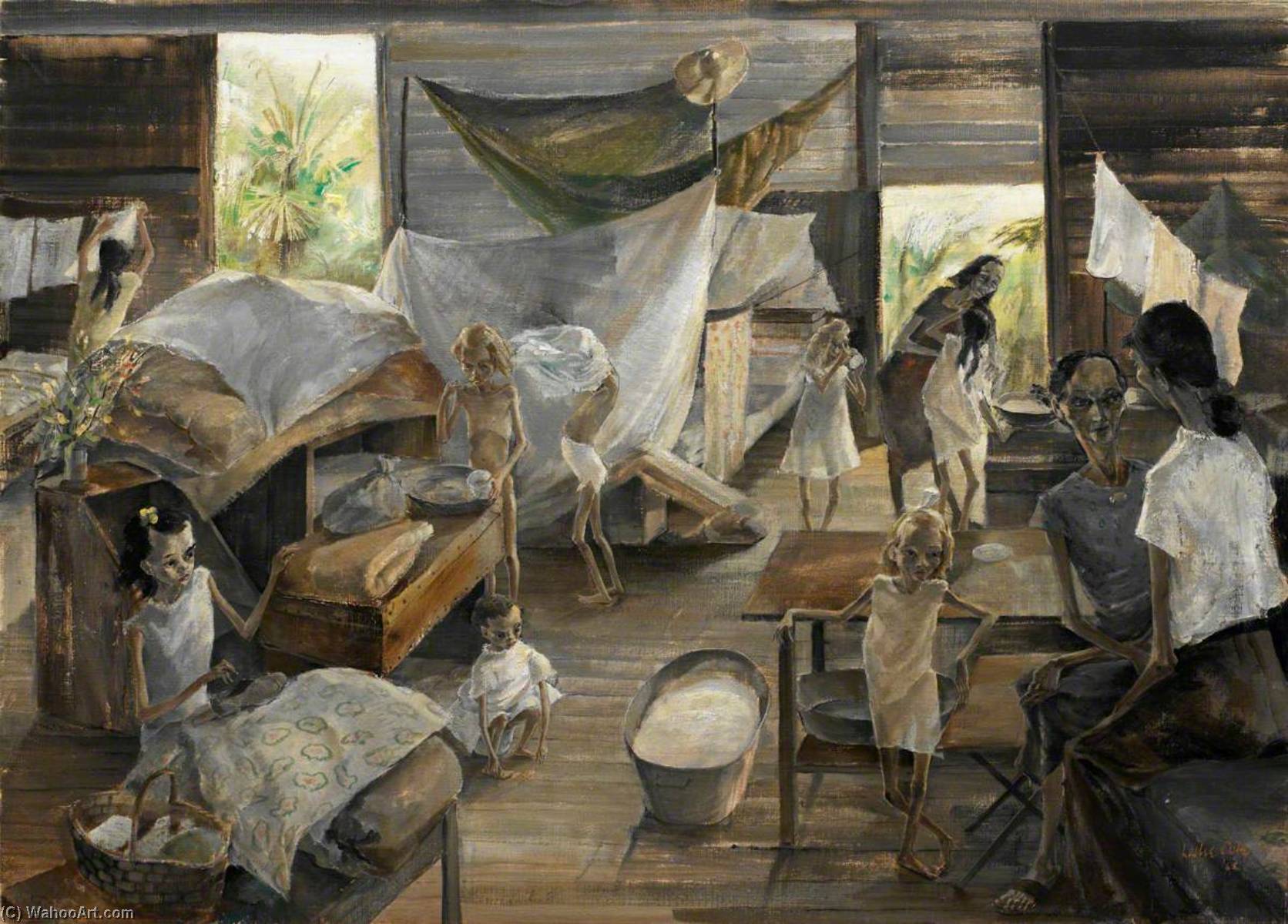 Wikioo.org - The Encyclopedia of Fine Arts - Painting, Artwork by Leslie Cole - British Women and Children Interned in a Japanese Prison Camp, Syme Road, Singapore