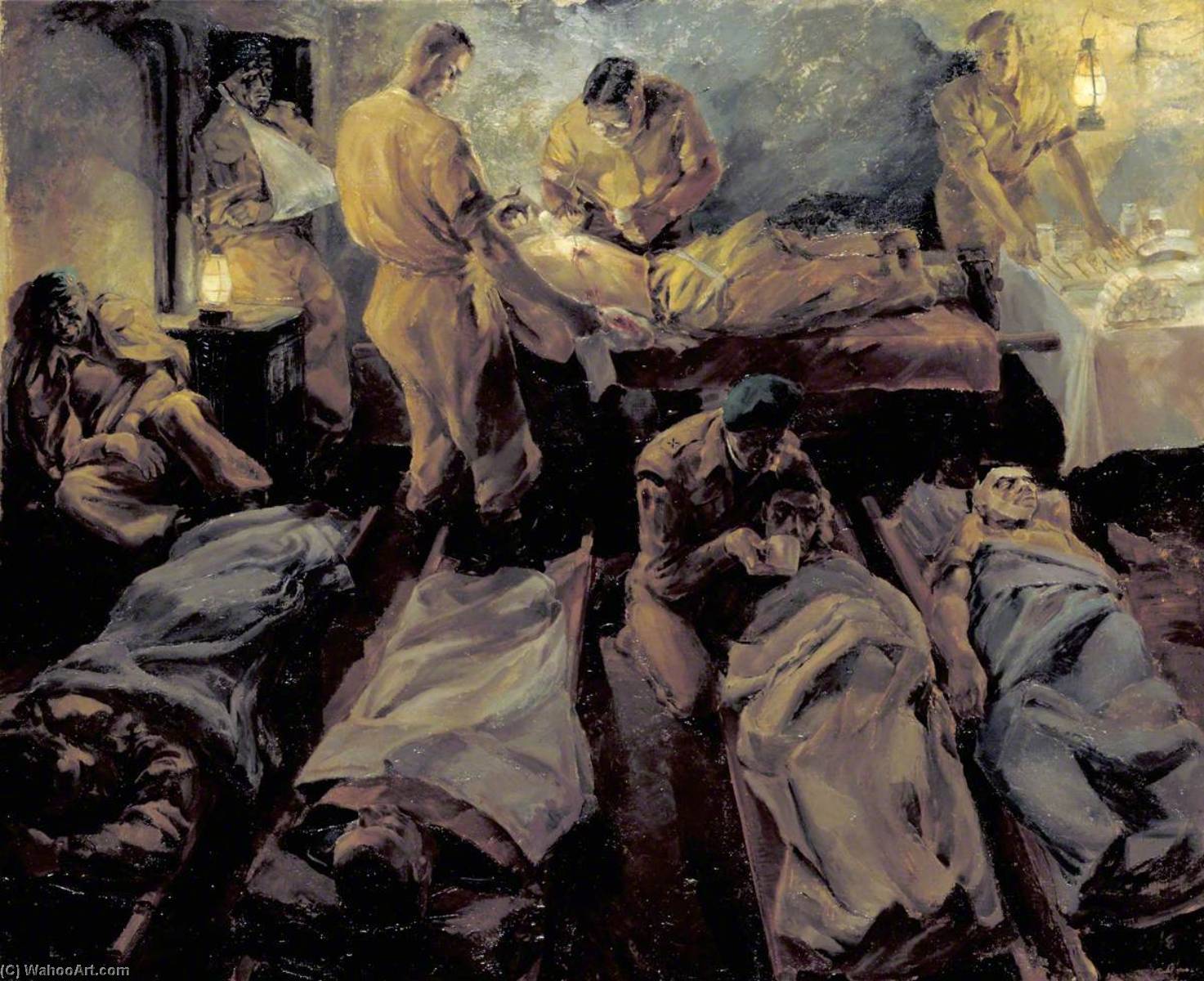 Wikioo.org - The Encyclopedia of Fine Arts - Painting, Artwork by Leslie Cole - Scene in a Regimental Aid Post In a Filthy Cellar at Sallenelle, France, after an Action