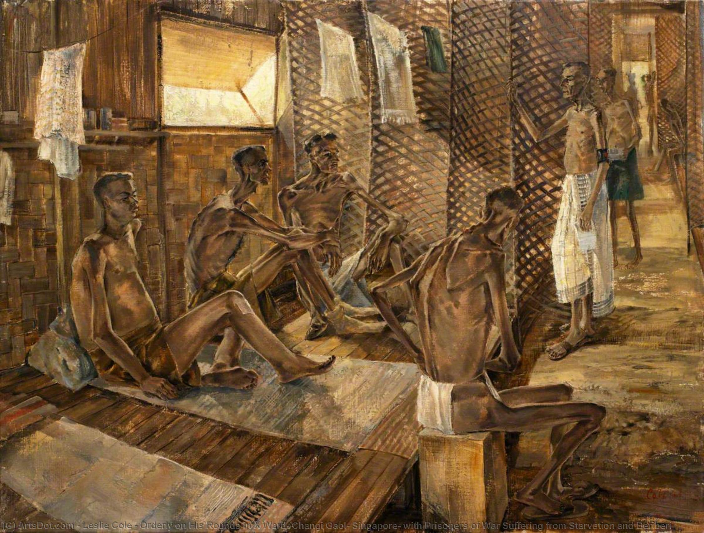 Wikioo.org - The Encyclopedia of Fine Arts - Painting, Artwork by Leslie Cole - Orderly on His Rounds in X Ward, Changi Gaol, Singapore, with Prisoners of War Suffering from Starvation and Beriberi