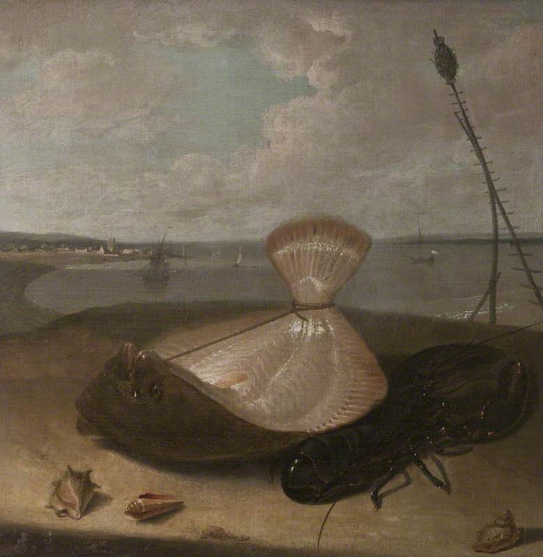 Wikioo.org - The Encyclopedia of Fine Arts - Painting, Artwork by Arthur William Devis - Turbot, Lobster and Sea Shells, in the Thames Estuary ( )