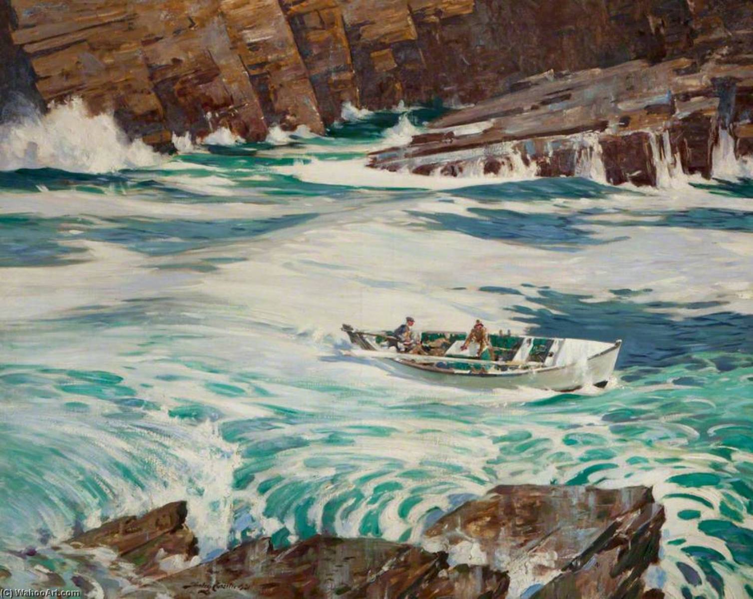 Wikioo.org - The Encyclopedia of Fine Arts - Painting, Artwork by Stanley Cursiter - Linklater and Greig Entering Yesnaby Noust