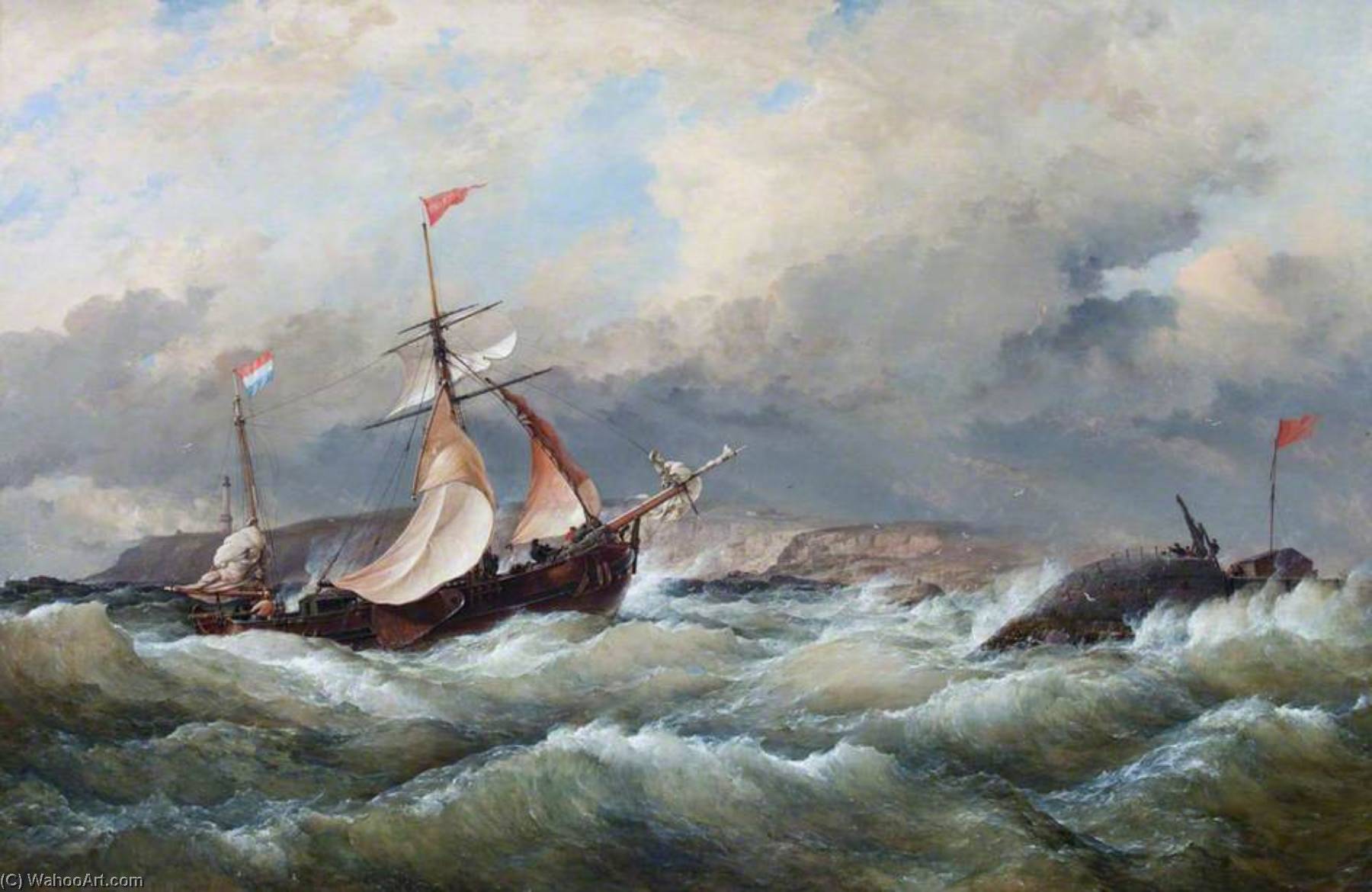 Wikioo.org - The Encyclopedia of Fine Arts - Painting, Artwork by Edward William Cooke - A Dutch Galliot Entering Aberdeen Harbour in a Storm