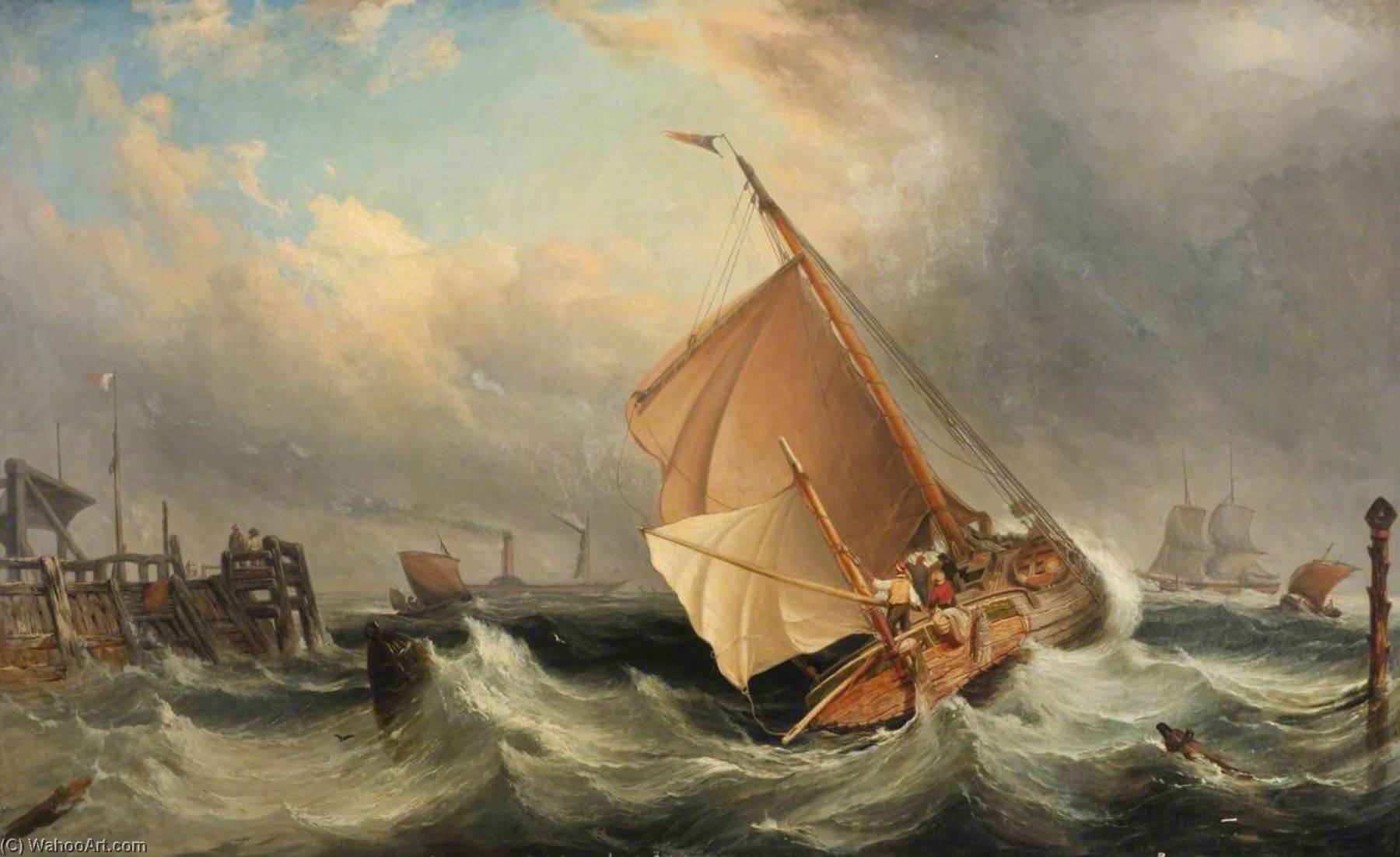 Wikioo.org - The Encyclopedia of Fine Arts - Painting, Artwork by Edward William Cooke - A Barge off Deal in Stormy Weather