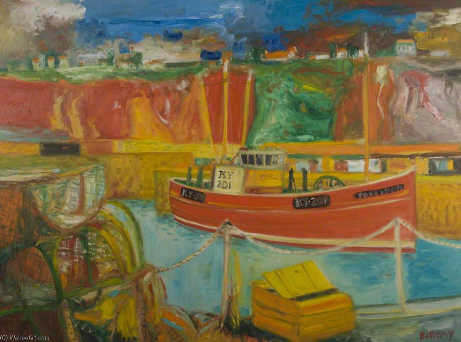 Wikioo.org - The Encyclopedia of Fine Arts - Painting, Artwork by John Bellany - Fishing Boat 'Poseidon' in Harbour